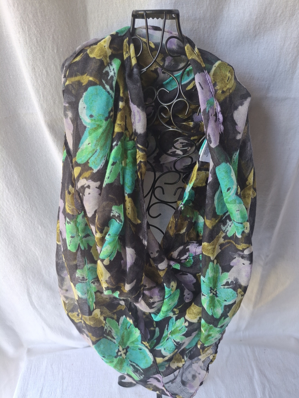 Floral Infinity Scarf in Black with Green & Yellow Accents
